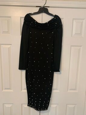 chic Black Long-Sleeve Off-Shoulder Dress with Pearl Accents